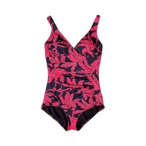 Aqua Green One Piece Swimsuit Red Black Tropical Leaf Ruched Tummy Womens Size S